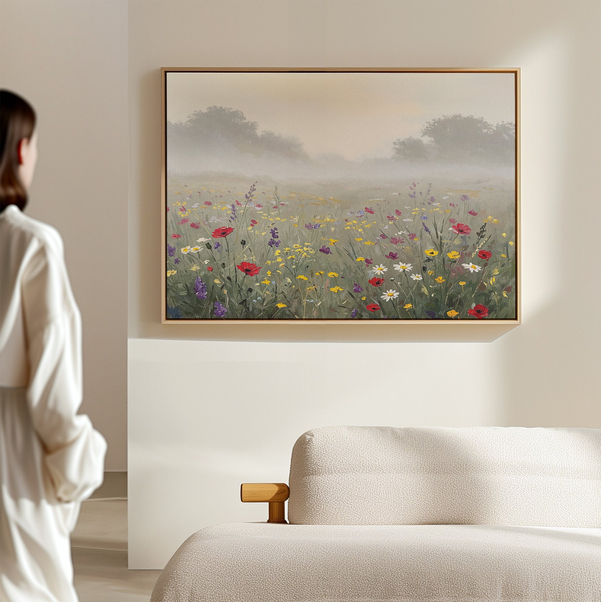 A person stands in a softly lit room, admiring "Meadow Dreams Canvas Art - Horizontal," which features wildflowers on a foggy morning, hanging on a cream-colored wall above a beige sofa.