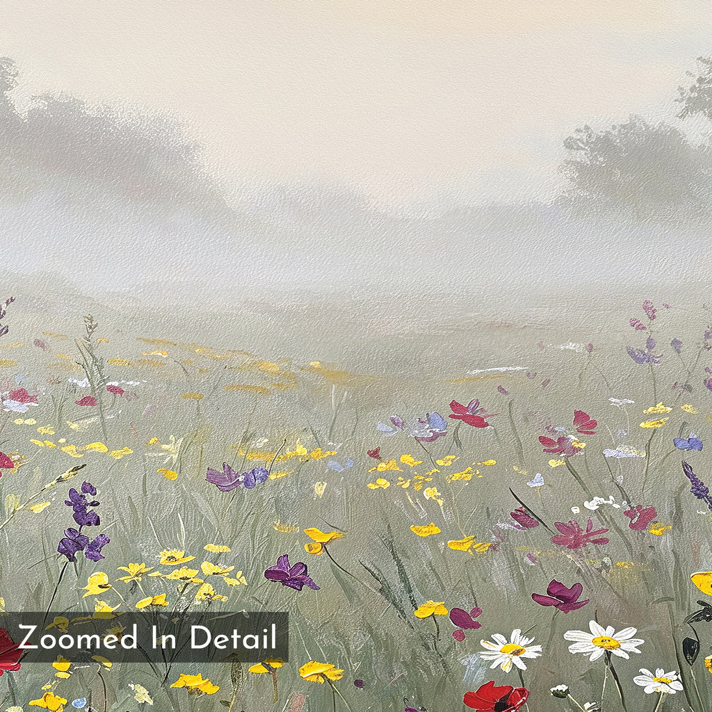 A misty field with yellow, red, purple, and white wildflowers. Soft trees and hills fade into the fog. Text reads Meadow Dreams Canvas Art - Horizontal—a serene wall art piece for meadow lovers.