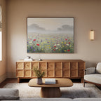 A cozy living room with a light wood sideboard, matching coffee table, beige sofa, and the Meadow Dreams Canvas Art - Horizontal hanging above the sideboard. Soft lighting and neutral tones create a calm Nordic Park-inspired atmosphere.