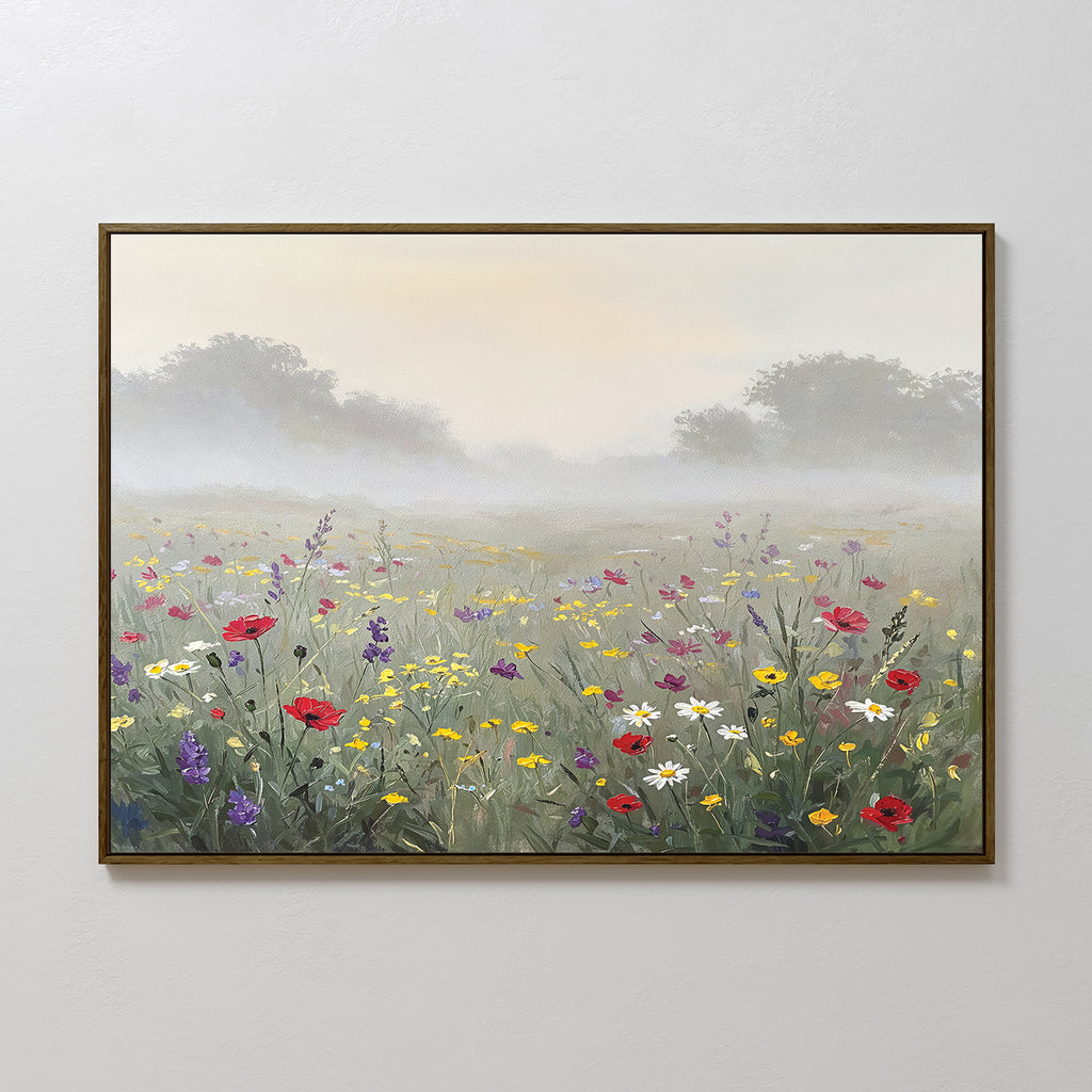 Meadow Dreams Canvas Art - Horizontal features a misty meadow with red poppies, white daisies, and yellow blooms. Soft green grass and distant trees evoke Nordic Park tranquility—a perfect wall art piece for your space.