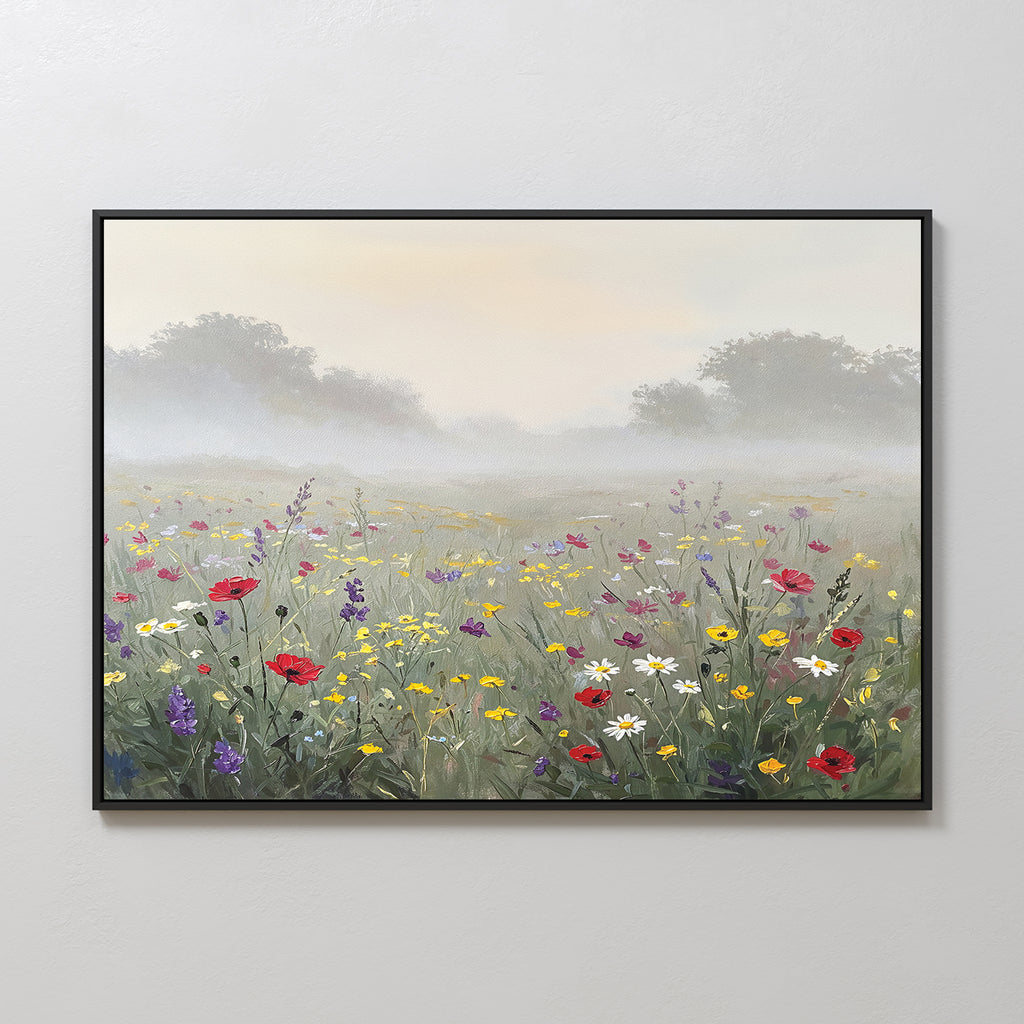 Meadow Dreams Canvas Art - Horizontal features a serene misty meadow with red poppies, white daisies, yellow blossoms, and soft hazy trees beneath a pale sky—ideal wall art to bring peaceful meadow vibes to any room.