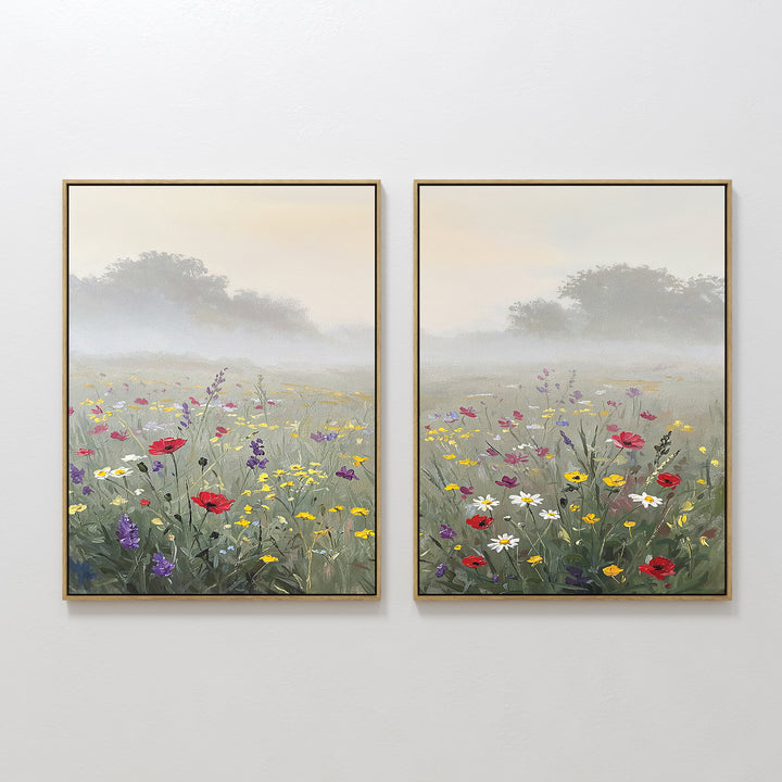 The Meadow Dreams - Set of 2 features framed wildflower canvas prints of a misty meadow in vibrant colors under a hazy sky, bringing serene Nordic Park vibes and calm elegance to your space when displayed together.