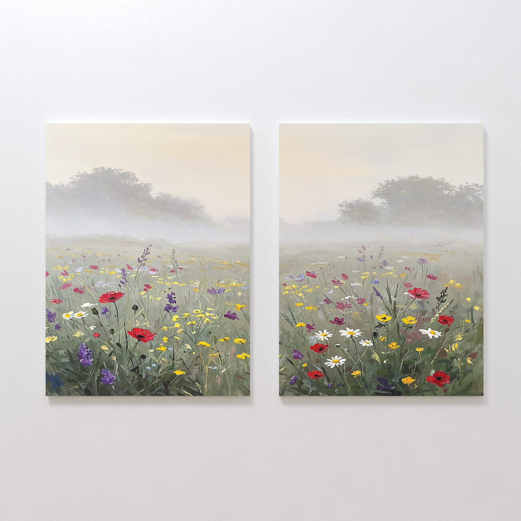 The Meadow Dreams - Set of 2 canvas paintings capture a serene Nordic Park with soft green grass, distant trees, and colorful blooms beneath a misty sky, perfect for adding tranquil meadow wall art to your space.