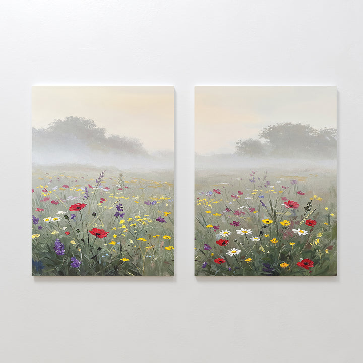 The Meadow Dreams - Set of 2 canvas paintings capture a serene Nordic Park with soft green grass, distant trees, and colorful blooms beneath a misty sky, perfect for adding tranquil meadow wall art to your space.