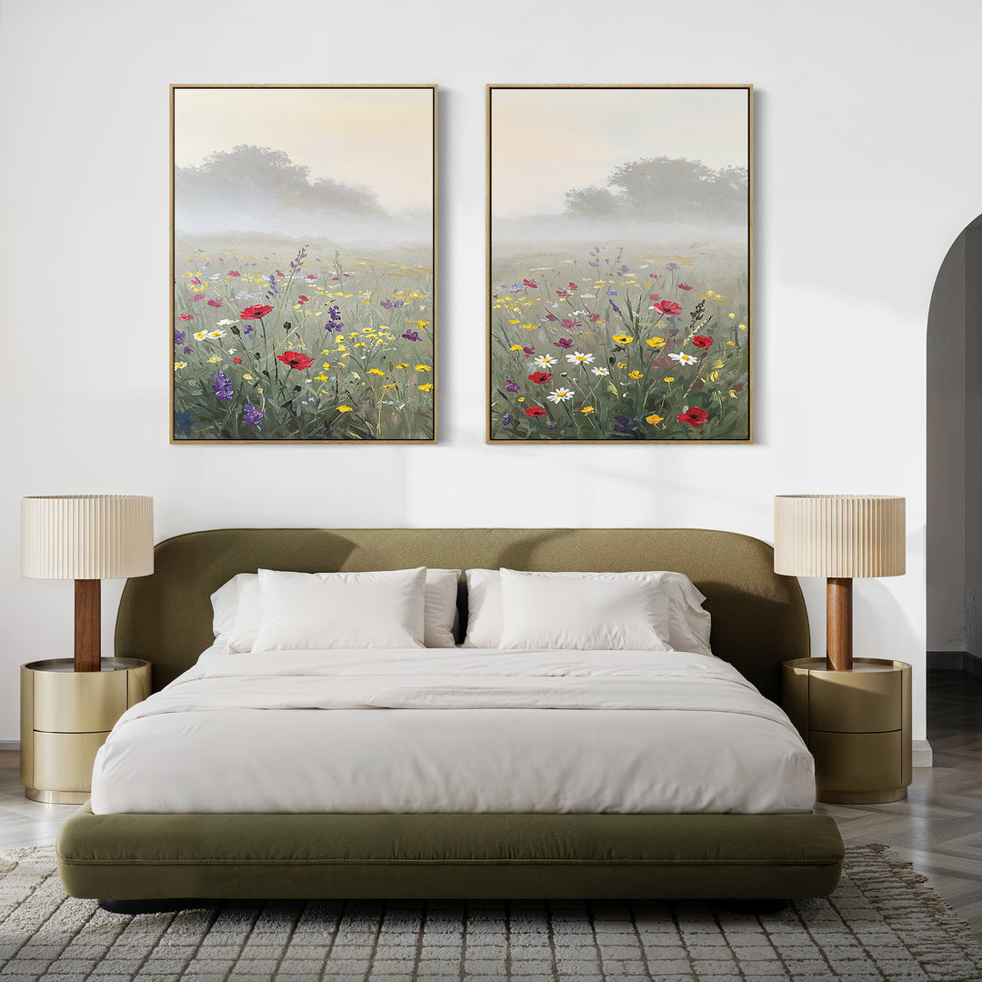 A modern bedroom with an olive green bed, white bedding, beige nightstands with matching lamps, and Meadow Dreams - Set of 2 wall art featuring colorful wildflowers displayed above the bed.