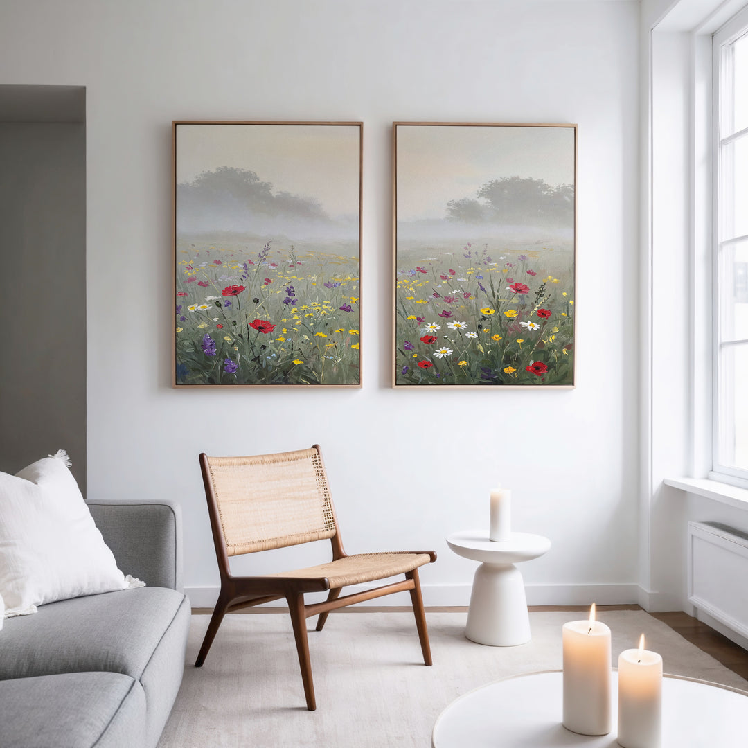 A modern living room features a gray sofa, wooden chair, round white table, and two lit candles. Above the chair hangs Meadow Dreams - Set of 2: large wall art paintings of colorful wildflower fields on a white wall.
