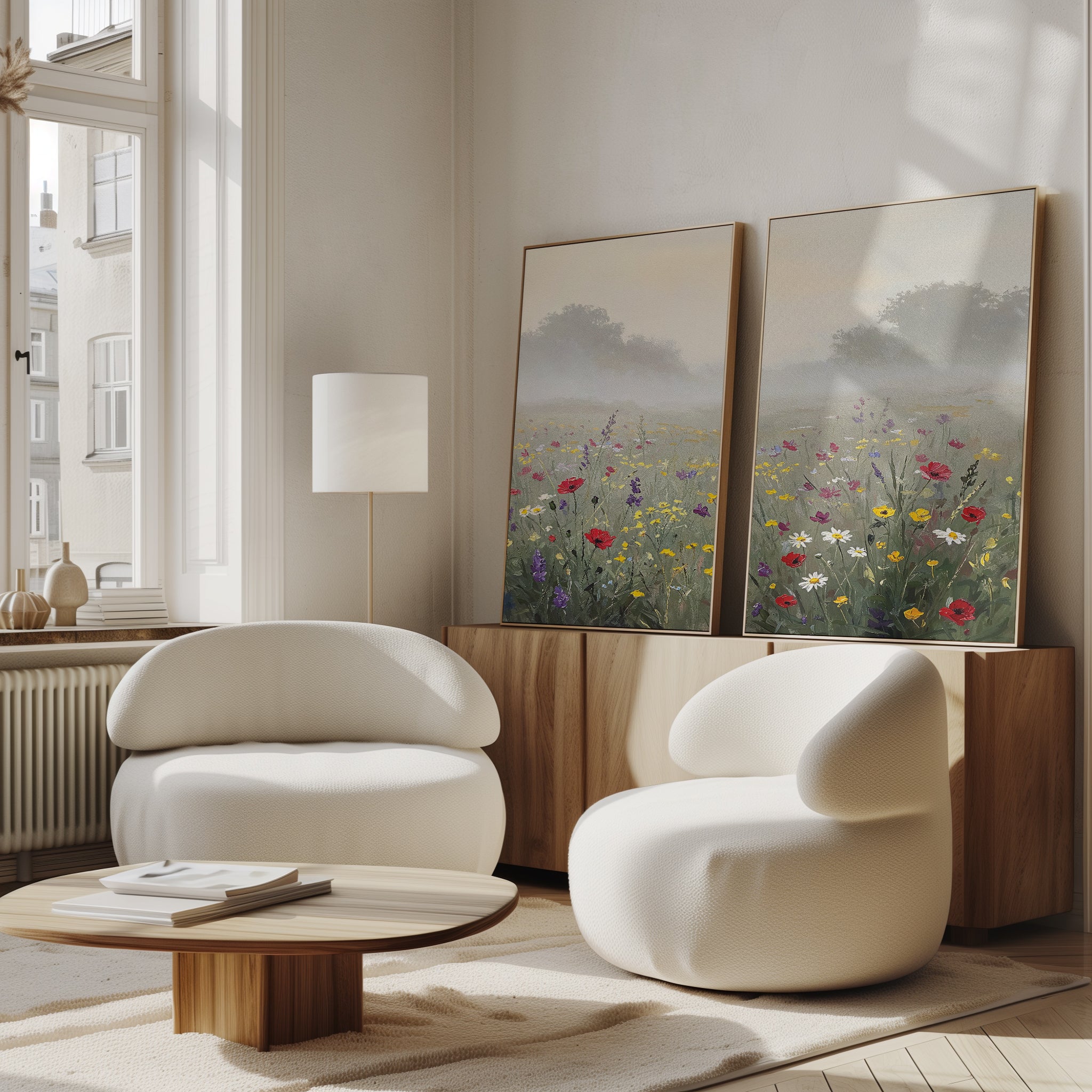 A modern living room features two white, rounded armchairs, a low wooden coffee table, and a sideboard displaying Meadow Dreams - Set of 2 wall art. Sunlight streams through tall windows, filling the Nordic Park-inspired space with natural warmth.