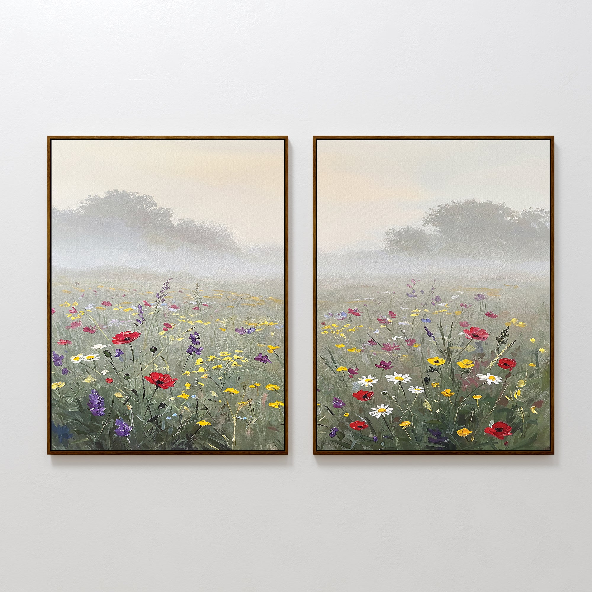 Meadow Dreams - Set of 2 features framed prints of a misty meadow with wildflowers like poppies and daisies, green grass, and distant trees—Nordic Park-inspired art under a pale sky.