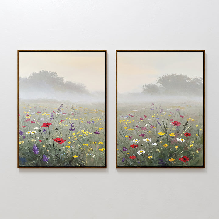Meadow Dreams - Set of 2 features framed prints of a misty meadow with wildflowers like poppies and daisies, green grass, and distant trees—Nordic Park-inspired art under a pale sky.