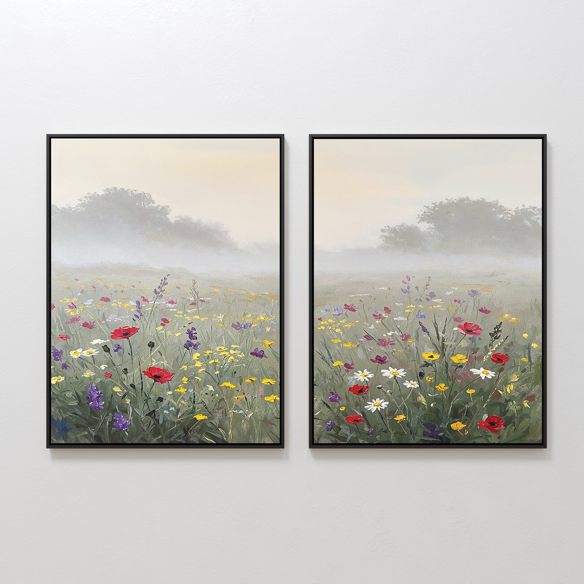 The Meadow Dreams - Set of 2 features framed wildflower canvas prints with vibrant blooms and a misty Nordic Park background, bringing peaceful charm and serenity to your space as a stunning meadow wall art focal point.