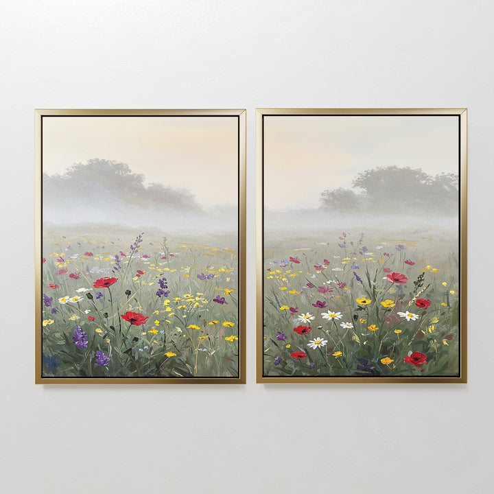 Meadow Dreams - Set of 2 features framed art of a misty Nordic meadow with vibrant wildflowers and soft tree silhouettes, bringing a sense of tranquility to any room.