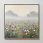 The Meadow Dreams Canvas Art - Square features a colorful wildflower meadow with lush green grass, misty trees, and a soft sky—perfect wall art for any Nordic Park-inspired space.