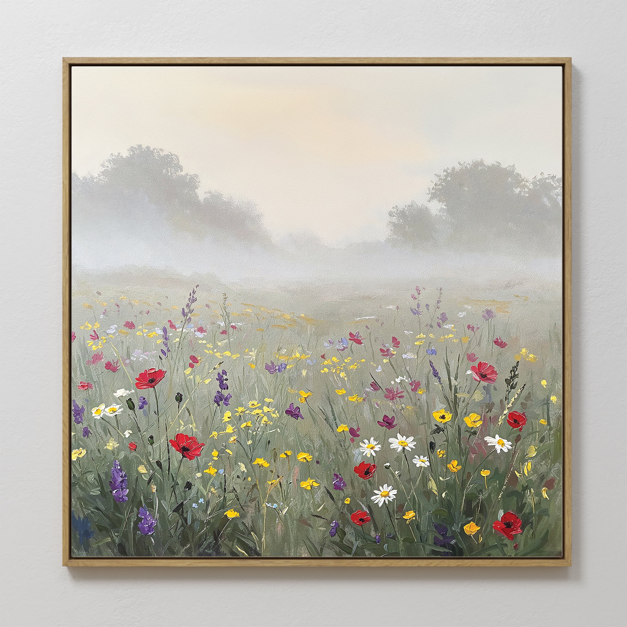 The Meadow Dreams Canvas Art - Square features a colorful wildflower meadow with lush green grass, misty trees, and a soft sky—perfect wall art for any Nordic Park-inspired space.