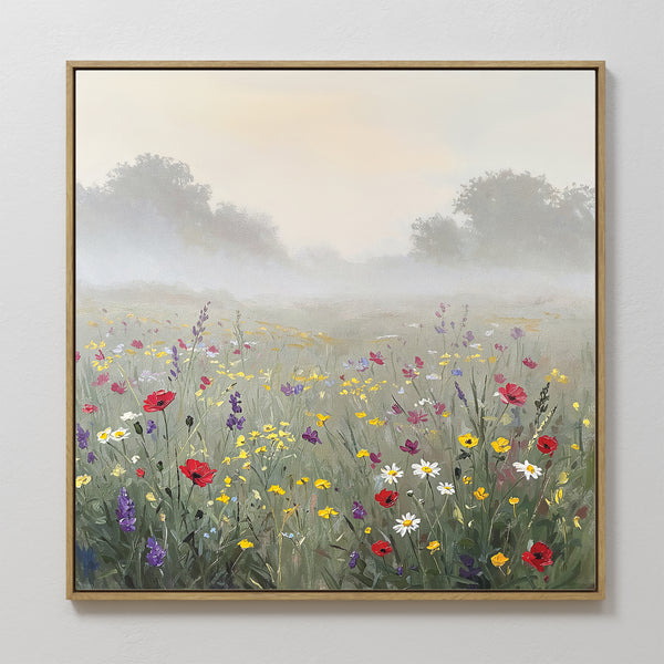 The Meadow Dreams Canvas Art - Square features a colorful wildflower meadow with lush green grass, misty trees, and a soft sky—perfect wall art for any Nordic Park-inspired space.
