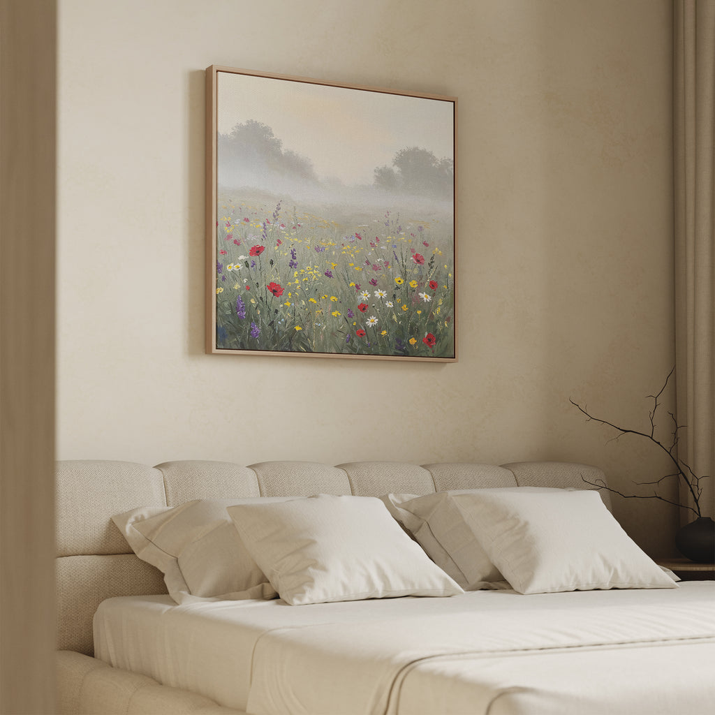 A cozy, beige bedroom showcases a neatly made bed with four pillows and the Meadow Dreams Canvas Art - Square above the headboard, displaying a misty wildflower field and trees. A bare branch in a vase sits on the bedside table.