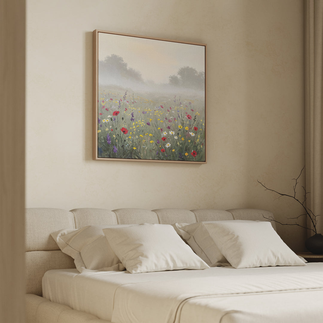 A cozy, beige bedroom showcases a neatly made bed with four pillows and the Meadow Dreams Canvas Art - Square above the headboard, displaying a misty wildflower field and trees. A bare branch in a vase sits on the bedside table.