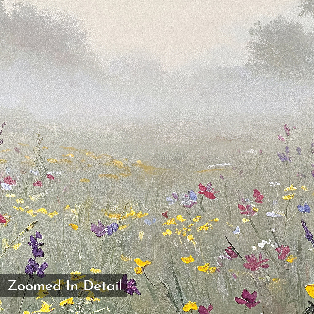 Meadow Dreams Canvas Art - Square depicts a misty Nordic Park scene with wildflowers up front, fading trees and hills in the background, and “Zoomed In Detail” text in the bottom left of this meadow wall art.