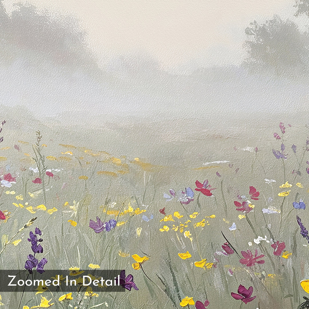 Meadow Dreams Canvas Art - Square depicts a misty Nordic Park scene with wildflowers up front, fading trees and hills in the background, and “Zoomed In Detail” text in the bottom left of this meadow wall art.