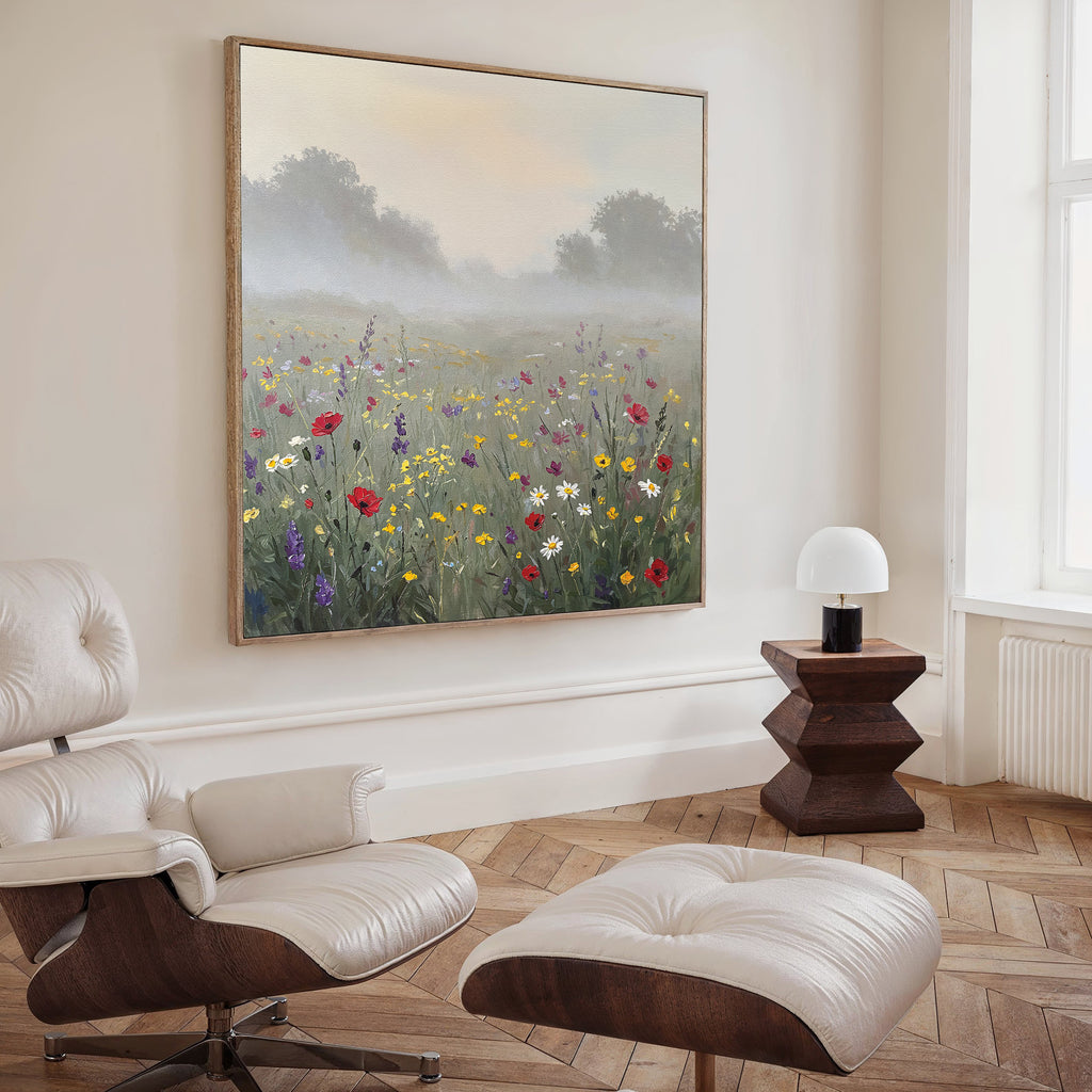 A modern living room with a white lounge chair and ottoman, wooden side table, lamp, and the Meadow Dreams Canvas Art - Square featuring a misty wildflower meadow with trees hanging on the wall.