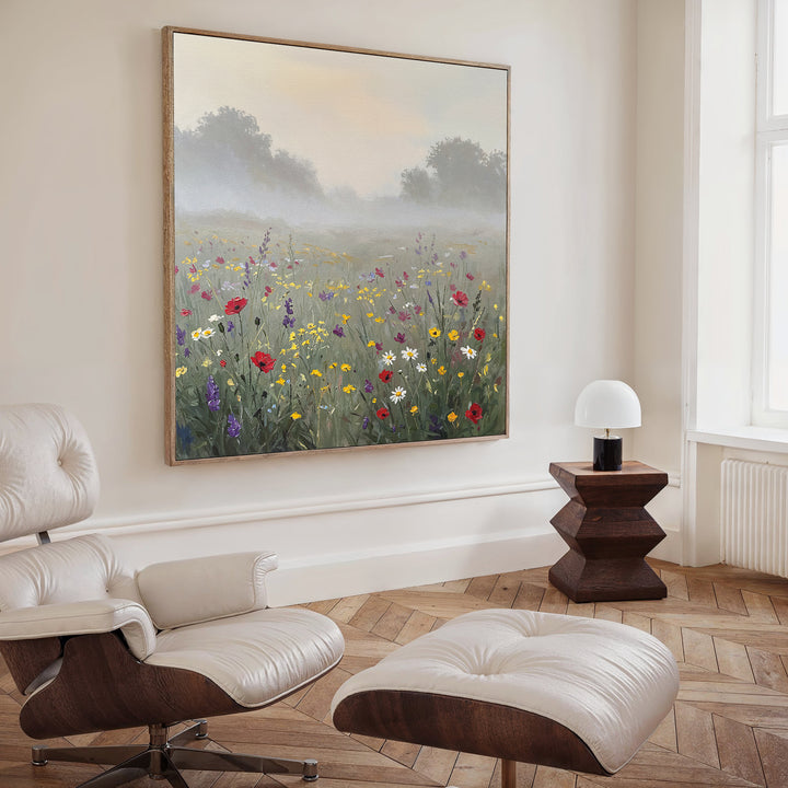 A modern living room with a white lounge chair and ottoman, wooden side table, lamp, and the Meadow Dreams Canvas Art - Square featuring a misty wildflower meadow with trees hanging on the wall.