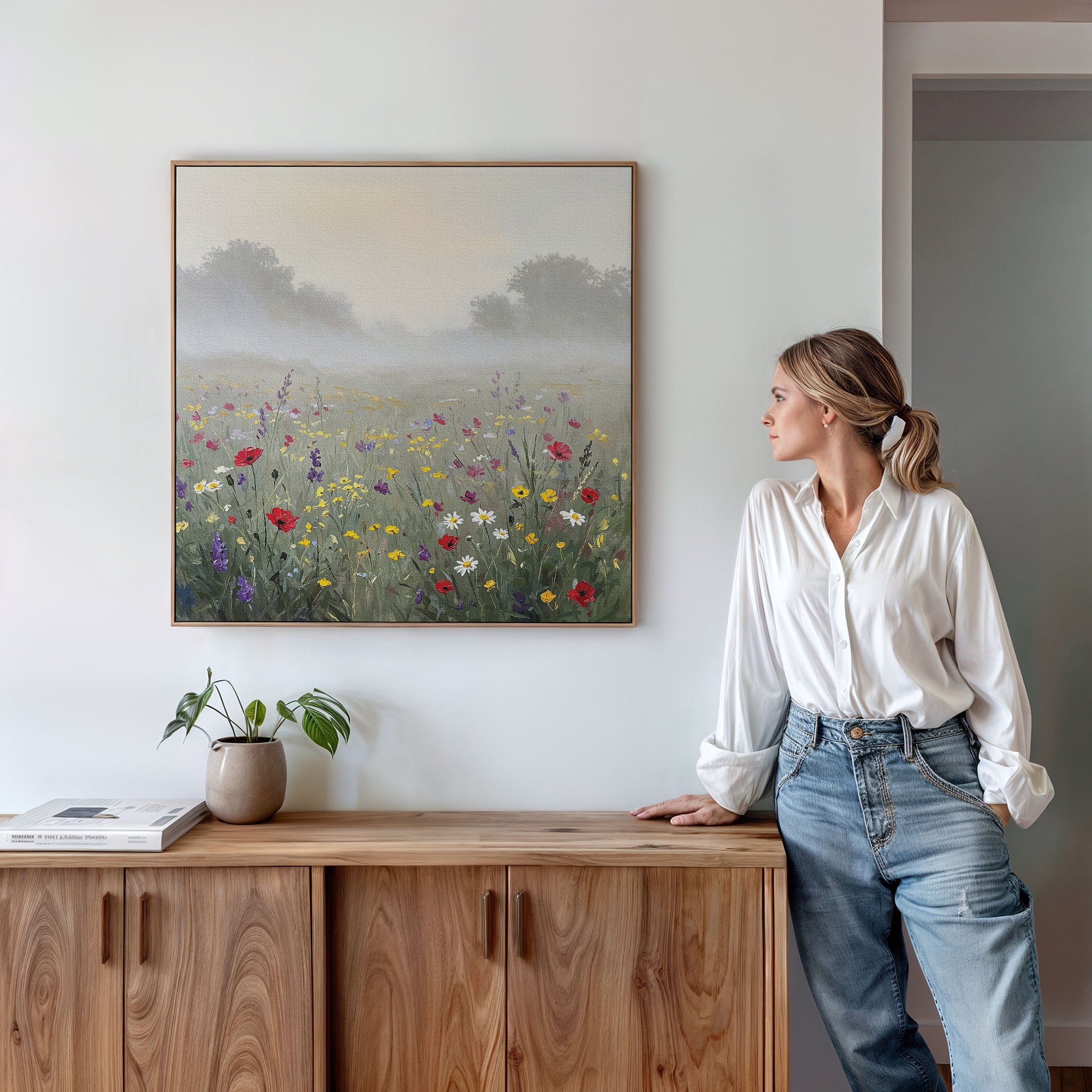 A woman in a white shirt and jeans stands by a wooden sideboard, admiring the Meadow Dreams Canvas Art - Square, featuring a misty meadow scene on a white wall. A potted plant and books sit on the sideboard.