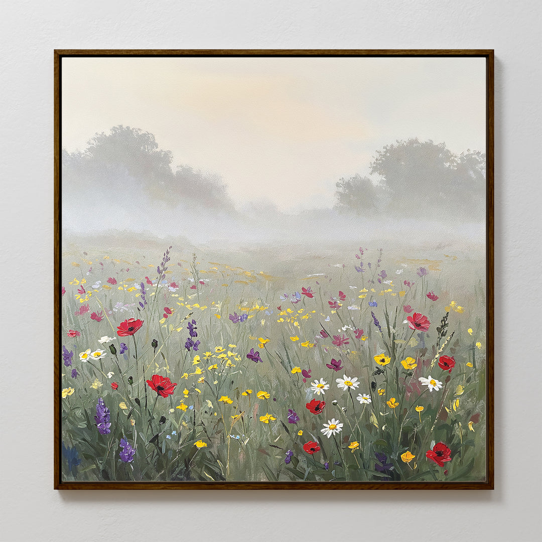 Add Nordic Park charm to your space with the Meadow Dreams Canvas Art - Square, a framed print showcasing red, white, yellow, and purple wildflowers with misty trees and a soft sky—a perfect meadow wall art accent.
