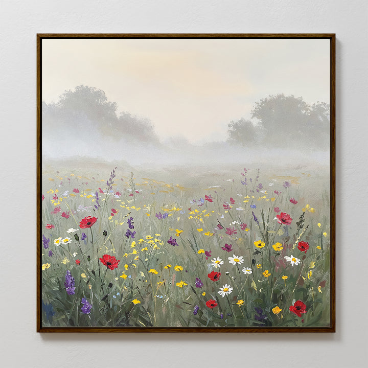 Add Nordic Park charm to your space with the Meadow Dreams Canvas Art - Square, a framed print showcasing red, white, yellow, and purple wildflowers with misty trees and a soft sky—a perfect meadow wall art accent.