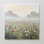 Meadow Dreams Canvas Art - Square displays a misty meadow with red poppies, daisies, and yellow wildflowers against soft trees and a hazy sky—perfect for adding serene Nordic Park-inspired decor to your space.