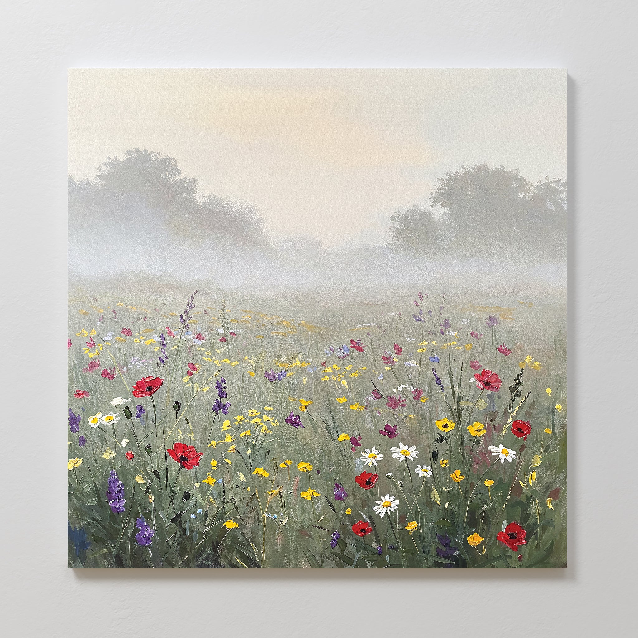 Meadow Dreams Canvas Art - Square displays a misty meadow with red poppies, daisies, and yellow wildflowers against soft trees and a hazy sky—perfect for adding serene Nordic Park-inspired decor to your space.