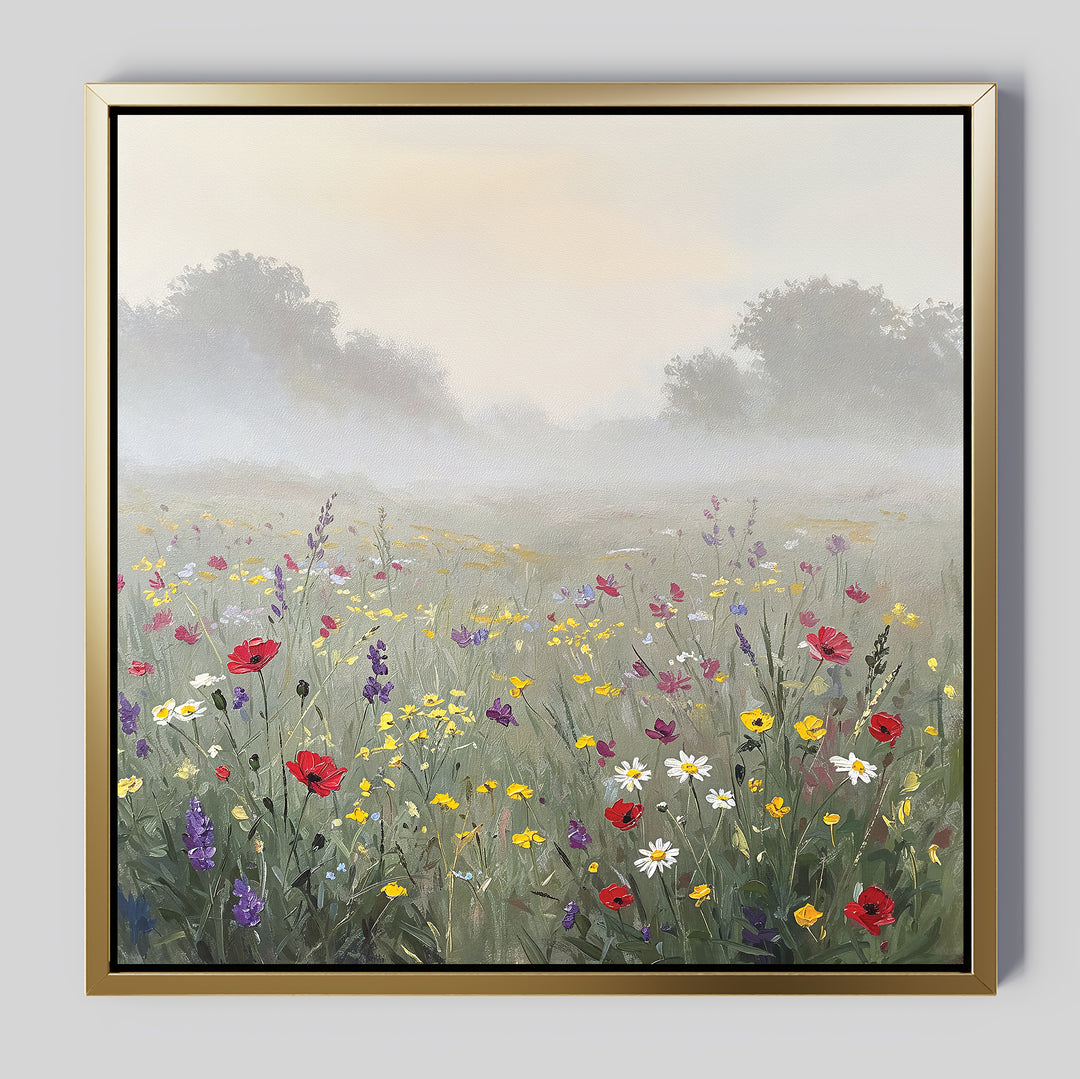 Meadow Dreams Canvas Art - Square features a meadow with red, white, yellow, and purple wildflowers, soft green grass, and misty trees under a pale sky—ideal Nordic Park-inspired wall décor.