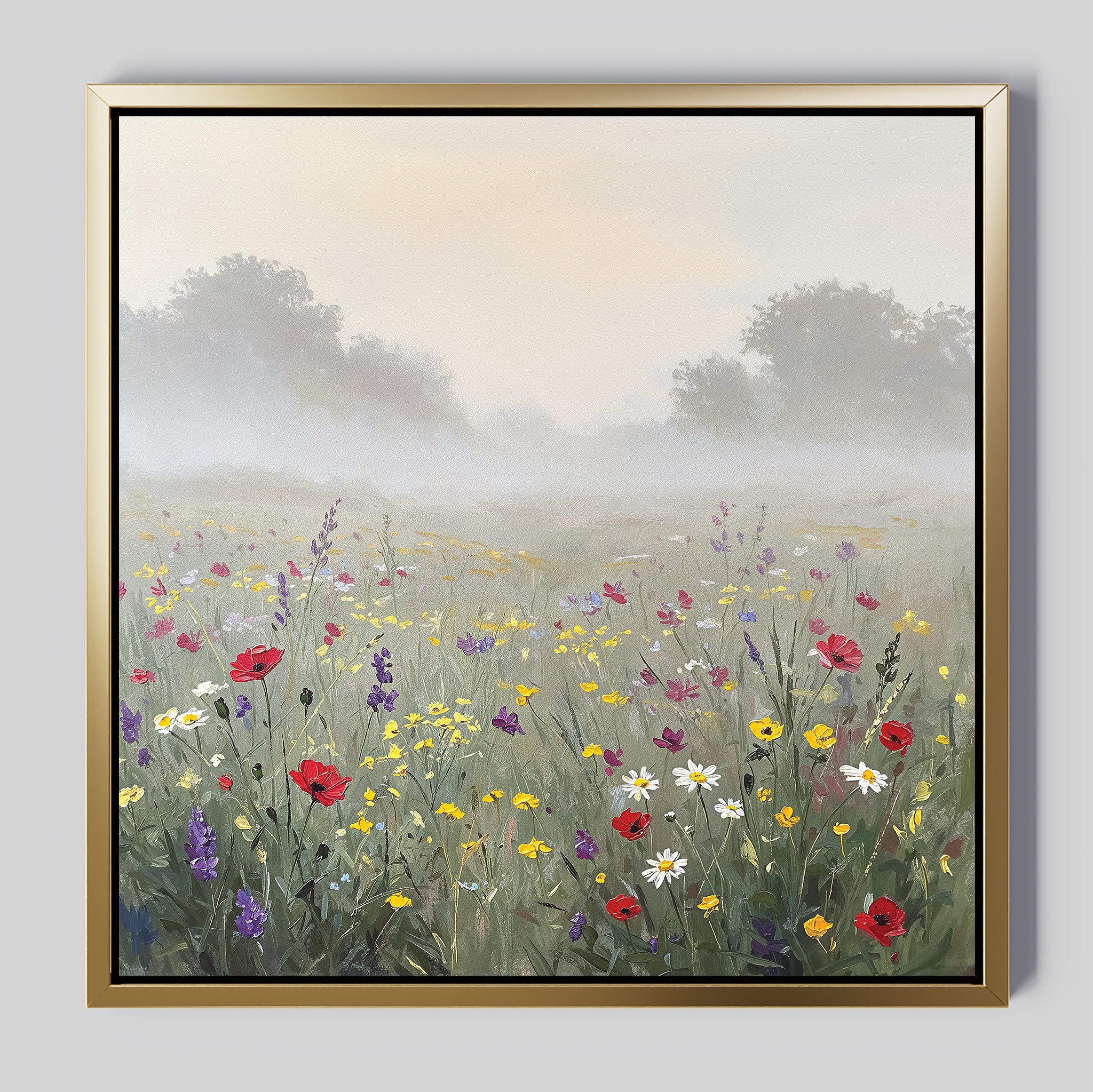 Meadow Dreams Canvas Art - Square features a meadow with red, white, yellow, and purple wildflowers, soft green grass, and misty trees under a pale sky—ideal Nordic Park-inspired wall décor.