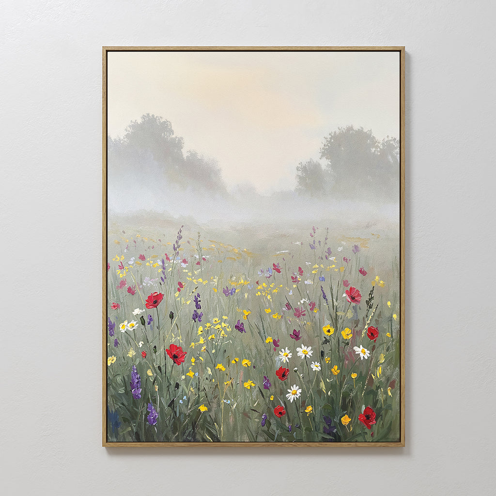 Add a touch of nature with the Meadow Dreams Canvas Art - Vertical, featuring a misty field of red poppies, purple lavender, and daisies with foggy trees and a soft sky—ideal meadow wall decor for any space.