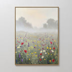 Add a touch of nature with the Meadow Dreams Canvas Art - Vertical, featuring a misty field of red poppies, purple lavender, and daisies with foggy trees and a soft sky—ideal meadow wall decor for any space.