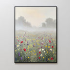 Add Nordic Park serenity to your space with Meadow Dreams Canvas Art - Vertical, featuring a misty meadow of red, yellow, white, and purple wildflowers beneath a pale sky—perfect wall art for a tranquil touch.