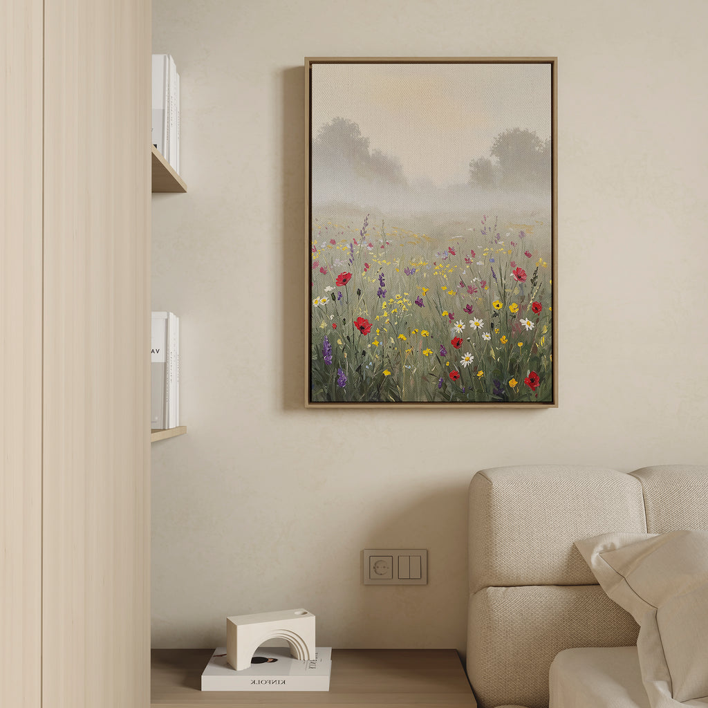 The Meadow Dreams Canvas Art - Vertical hangs above a light sofa on a beige wall, while shelves with books and a white sculpture complete the serene Nordic Park-inspired decor.