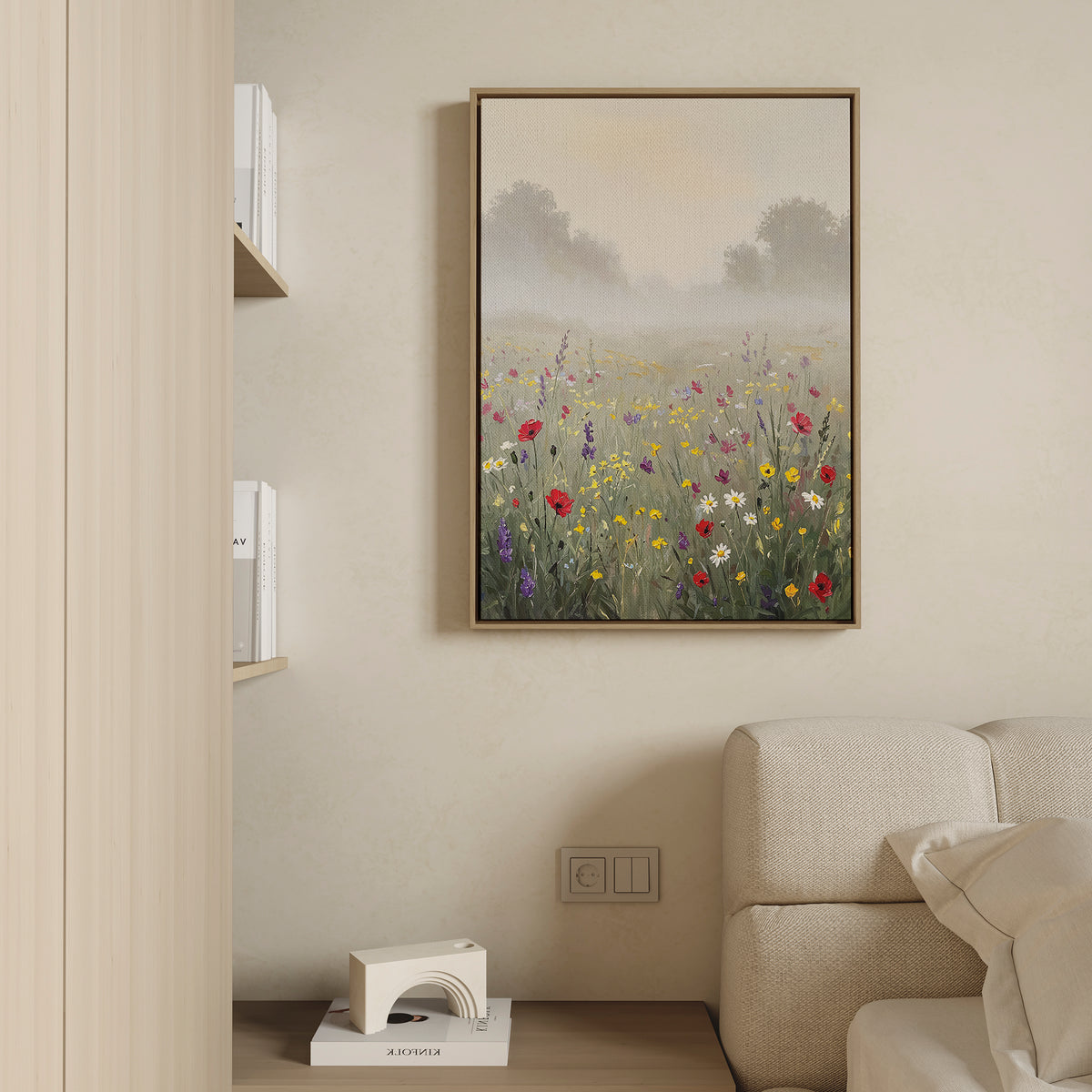 The Meadow Dreams Canvas Art - Vertical hangs above a light sofa on a beige wall, while shelves with books and a white sculpture complete the serene Nordic Park-inspired decor.