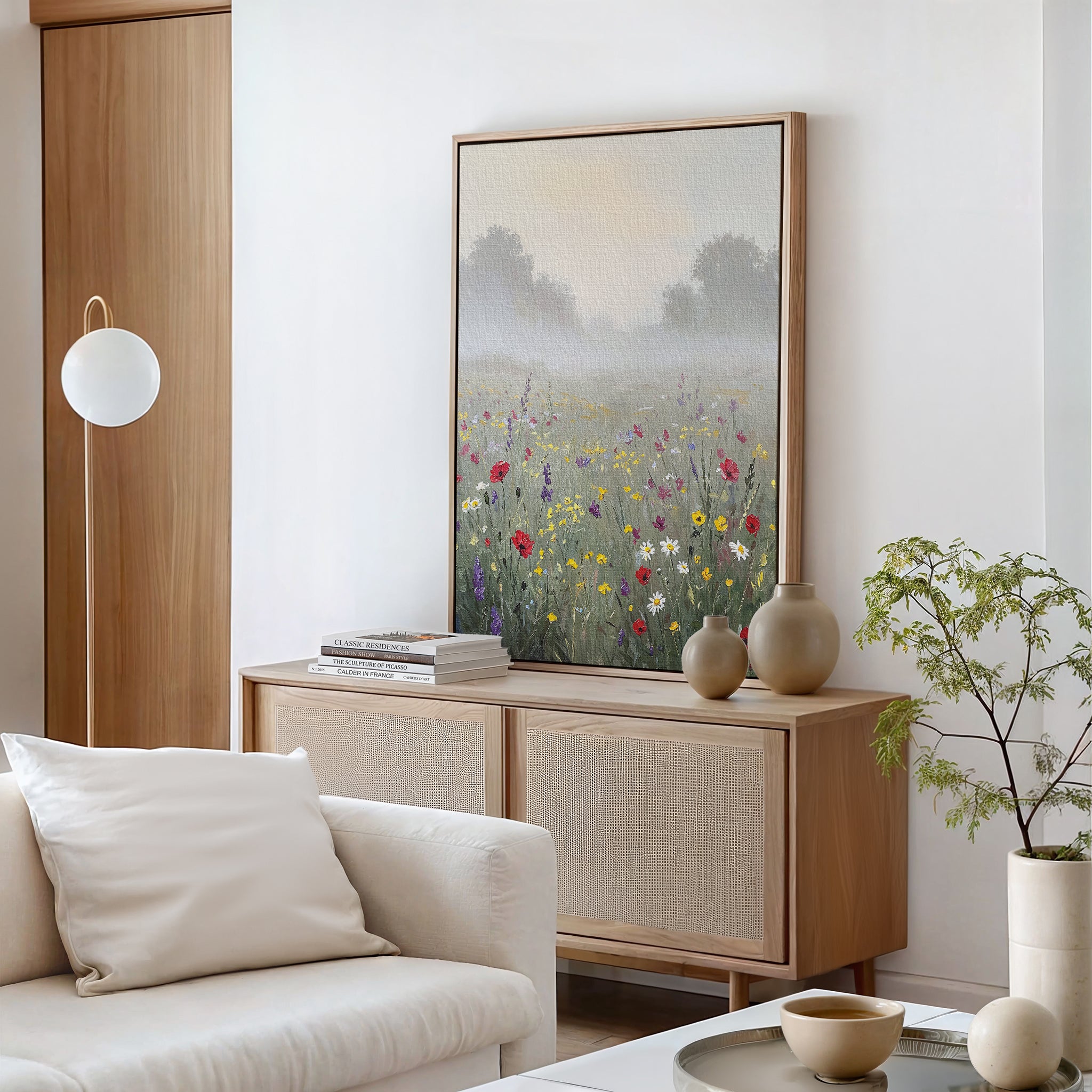 A modern living room features a light wooden sideboard with a vase, books, and the Meadow Dreams Canvas Art - Vertical above it. A white sofa, minimalist decor, and a leafy plant complete the serene space inspired by Nordic Park.