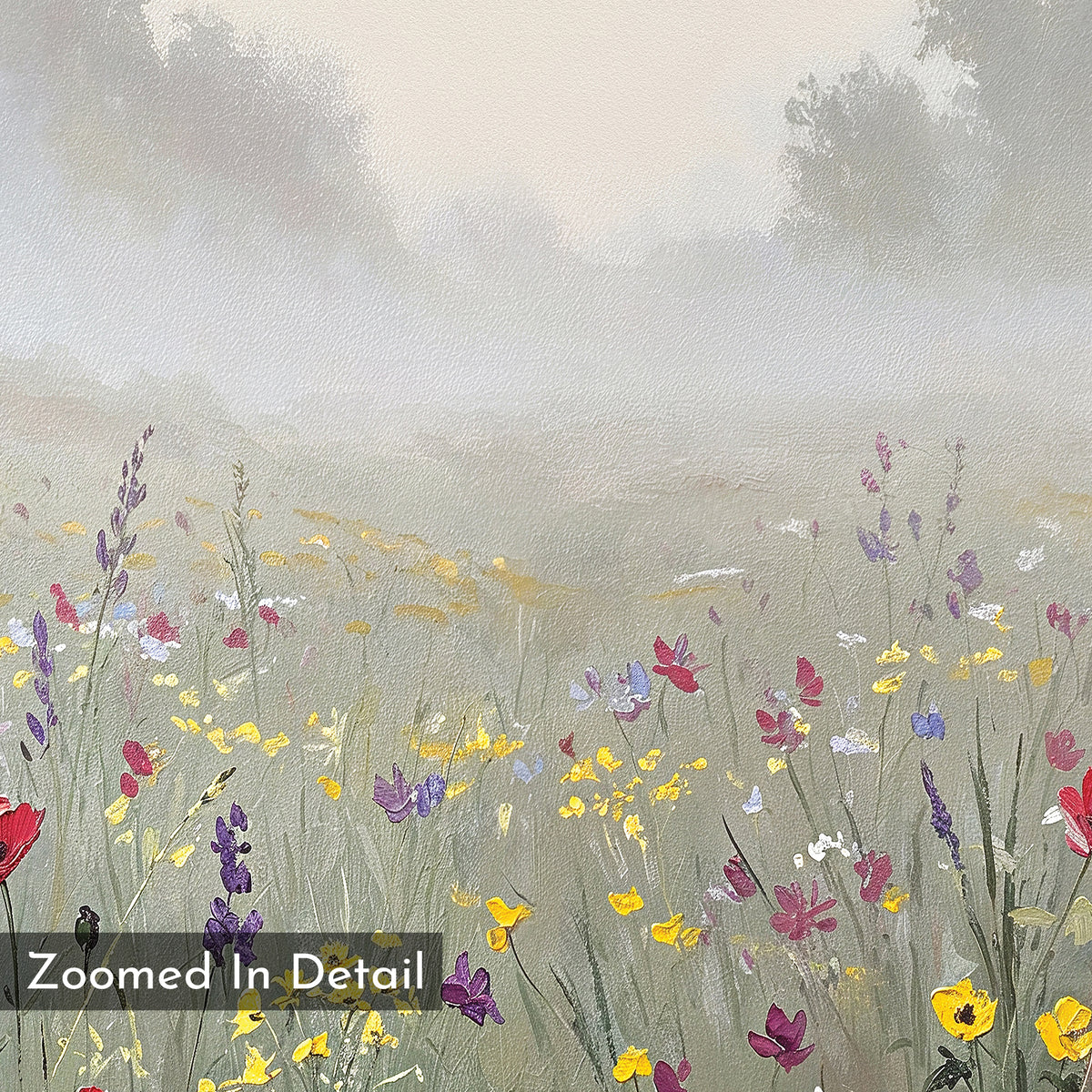Meadow Dreams Canvas Art - Vertical: A close-up canvas print of wildflowers in a misty meadow, with yellow, purple, and red blooms. Blurred trees evoke a calm Nordic Park vibe. Includes the text, “Zoomed In Detail.”.
