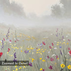 Meadow Dreams Canvas Art - Vertical: A close-up canvas print of wildflowers in a misty meadow, with yellow, purple, and red blooms. Blurred trees evoke a calm Nordic Park vibe. Includes the text, “Zoomed In Detail.”.