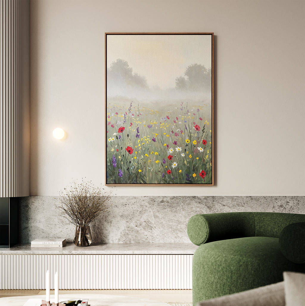 The Meadow Dreams Canvas Art - Vertical hangs above a marble ledge on a light wall, with a green couch and vase of dried branches, creating a modern, Nordic Park-inspired minimal living room.