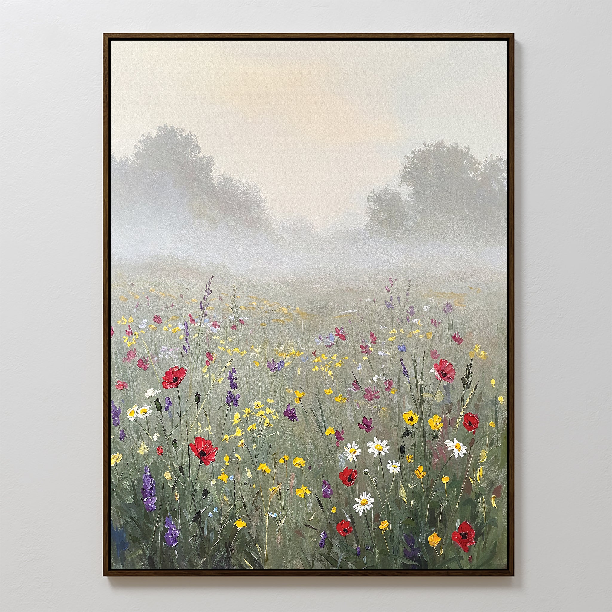 Add serene beauty to your space with Meadow Dreams Canvas Art - Vertical, a framed wildflower print featuring red poppies, white daisies, and yellow blooms in a misty meadow inspired by Nordic Park landscapes.