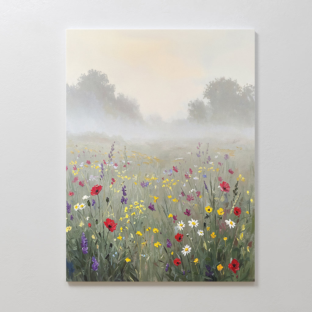Meadow Dreams Canvas Art - Vertical features a misty meadow with red poppies, daisies, and purple flowers against foggy trees, adding serene Nordic park vibes to your space.