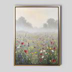 Add tranquility to your home with Meadow Dreams Canvas Art - Vertical, featuring a lush meadow of red, yellow, white, and purple wildflowers set against misty trees—perfect Nordic-inspired wall decor.