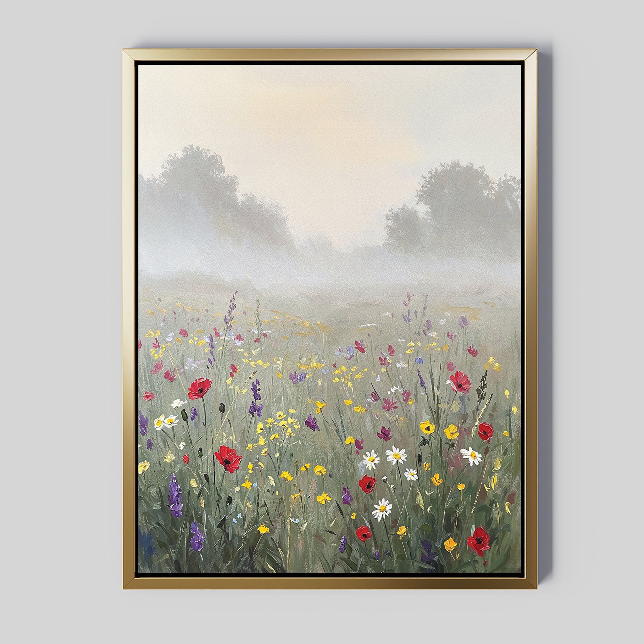 Add tranquility to your home with Meadow Dreams Canvas Art - Vertical, featuring a lush meadow of red, yellow, white, and purple wildflowers set against misty trees—perfect Nordic-inspired wall decor.