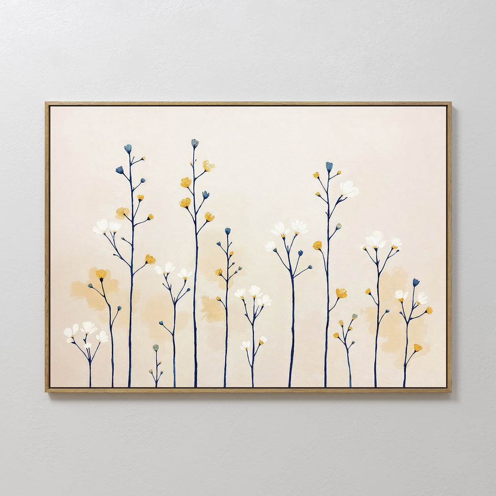 Meadow Symphony Canvas Art - Horizontal: A framed botanical canvas print with tall blue stems and white-yellow flowers on a light beige background—ideal spring meadow decor.