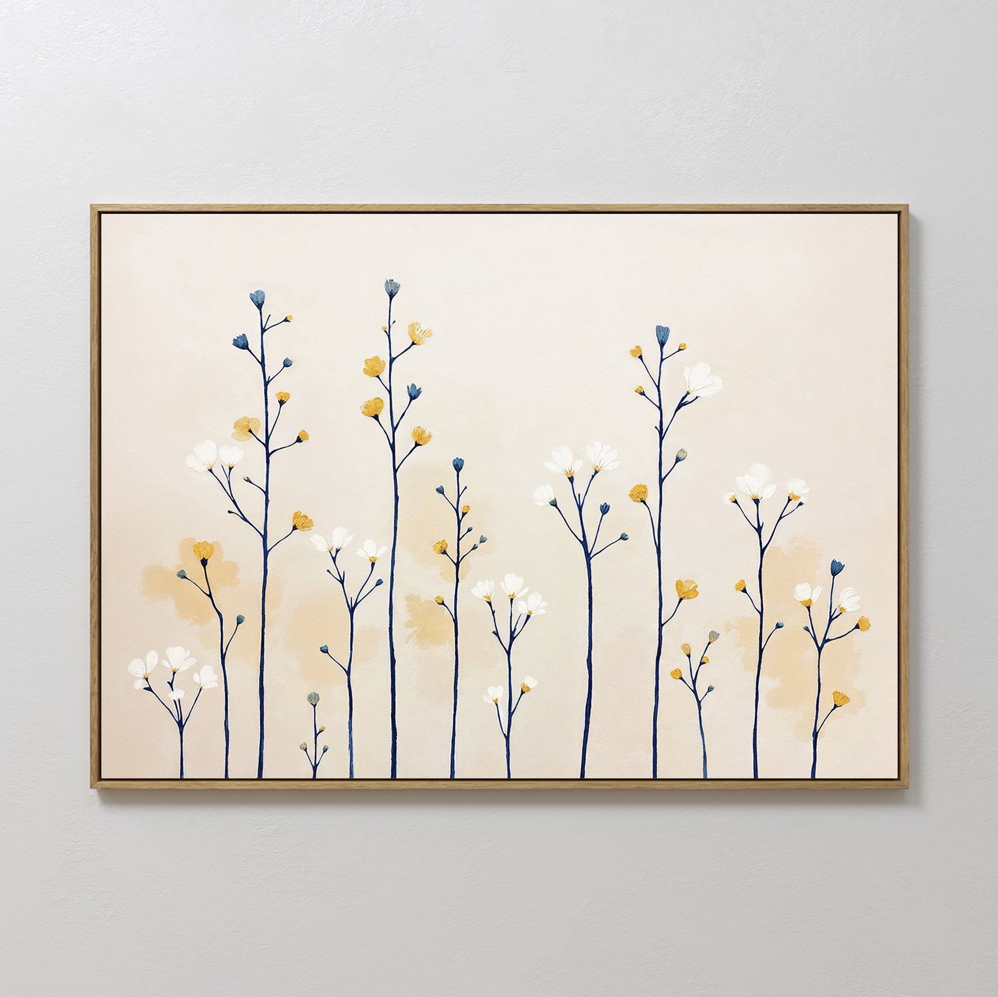 Meadow Symphony Canvas Art - Horizontal: A framed botanical canvas print with tall blue stems and white-yellow flowers on a light beige background—ideal spring meadow decor.