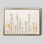 The Meadow Symphony Canvas Art - Horizontal features minimalist blue wildflower stems with delicate white, yellow, and blue blossoms on a soft beige backdrop—ideal serene wall art for any space.