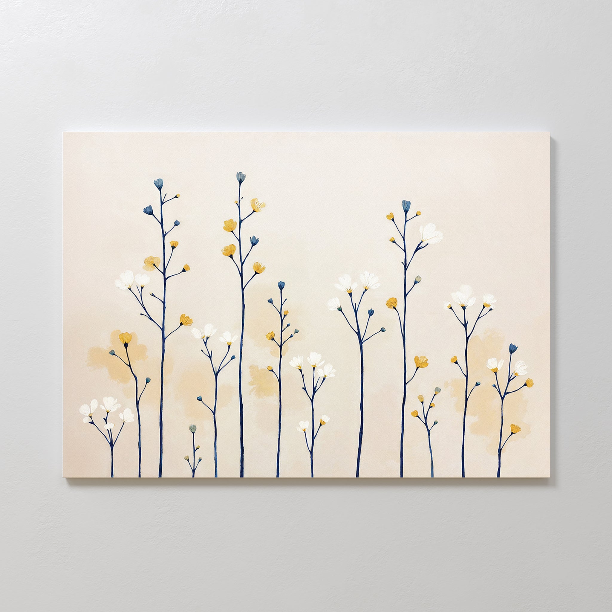 Meadow Symphony Canvas Art - Horizontal: A minimalist print with tall, slender flower stems and blue, yellow, and white blossoms on a light beige background—perfect serene wall art for spring meadow decor.