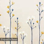 Meadow Symphony Canvas Art - Horizontal showcases delicate yellow and white wildflowers with slender dark stems on a pale beige background, accented by buds. “Zoomed In Detail” text appears in the bottom left corner.