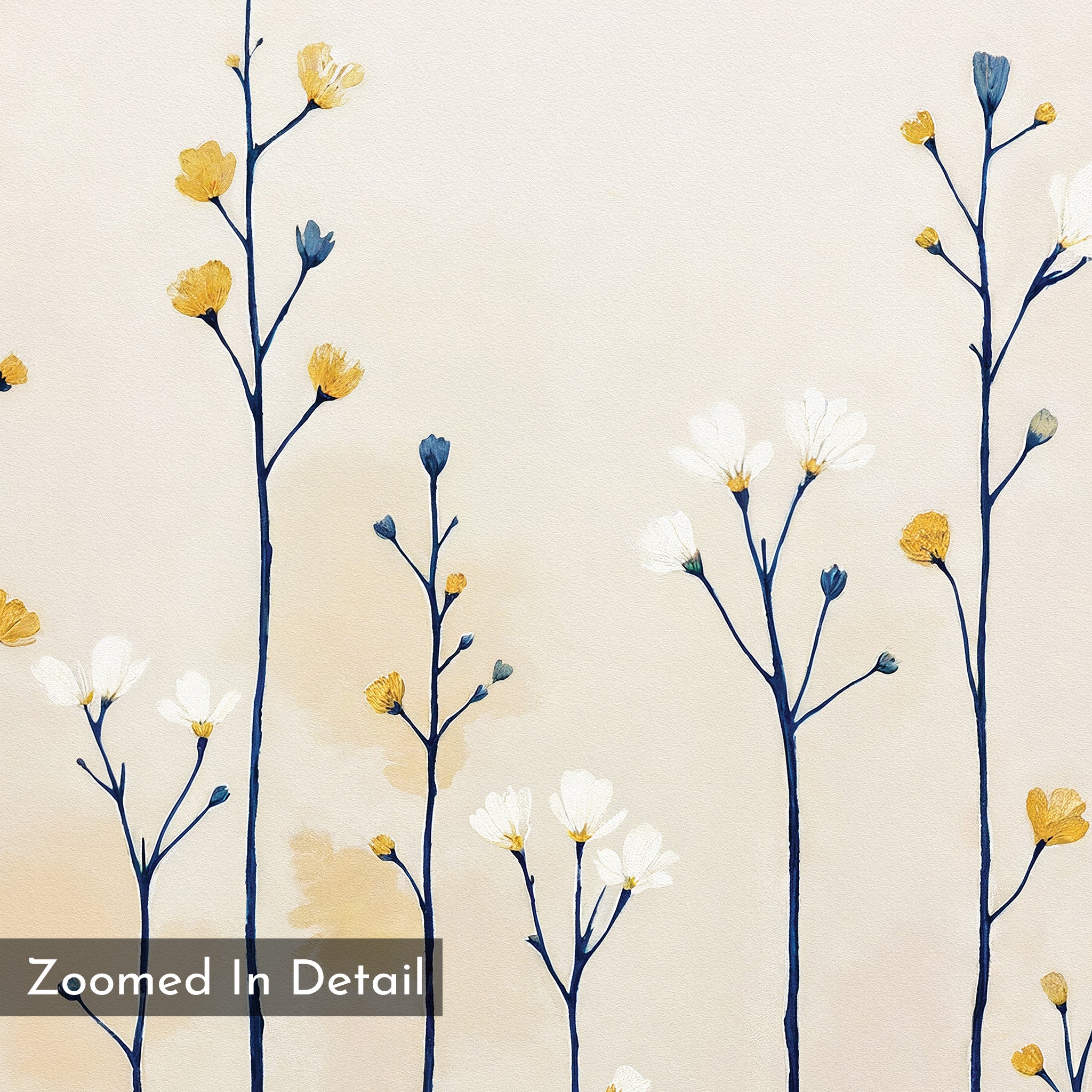 Meadow Symphony Canvas Art - Horizontal showcases delicate yellow and white wildflowers with slender dark stems on a pale beige background, accented by buds. “Zoomed In Detail” text appears in the bottom left corner.